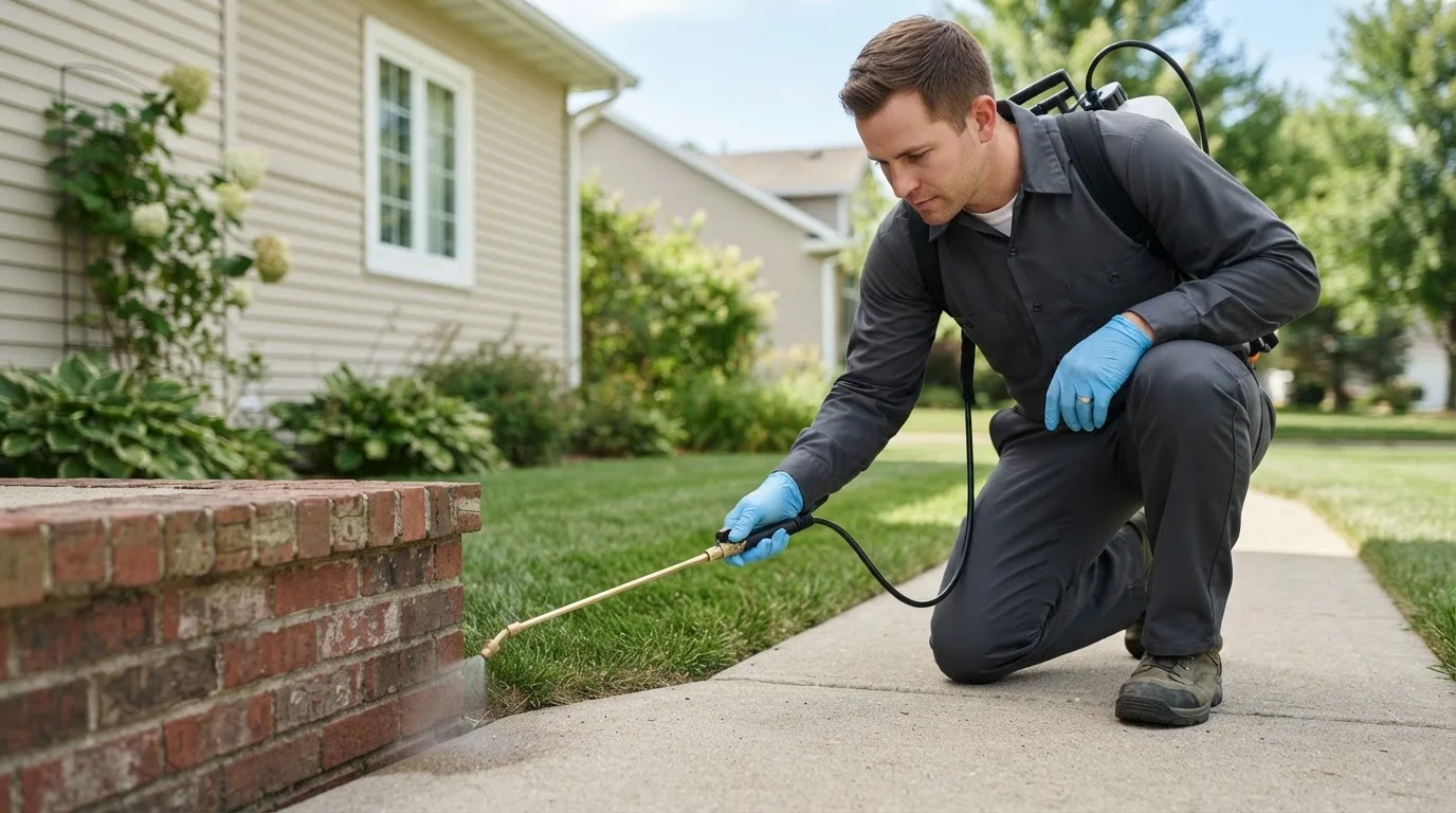 Pest control technician treating a home near Harwood, TX