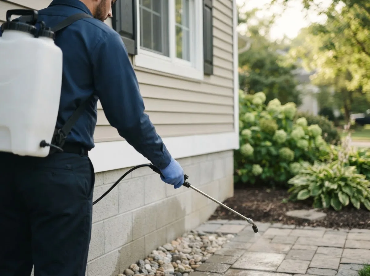 Pest control technician inspecting a home in Harwood, TX